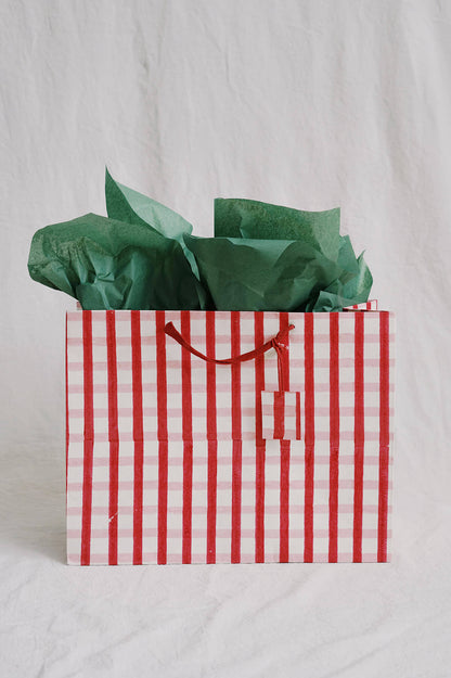 festive pink and red gingham holiday gift bag - shop eco friendly christmas gift wrapping