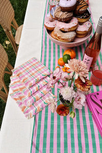 pastel plaid cloth napkins and striped table runner for summer brunch table