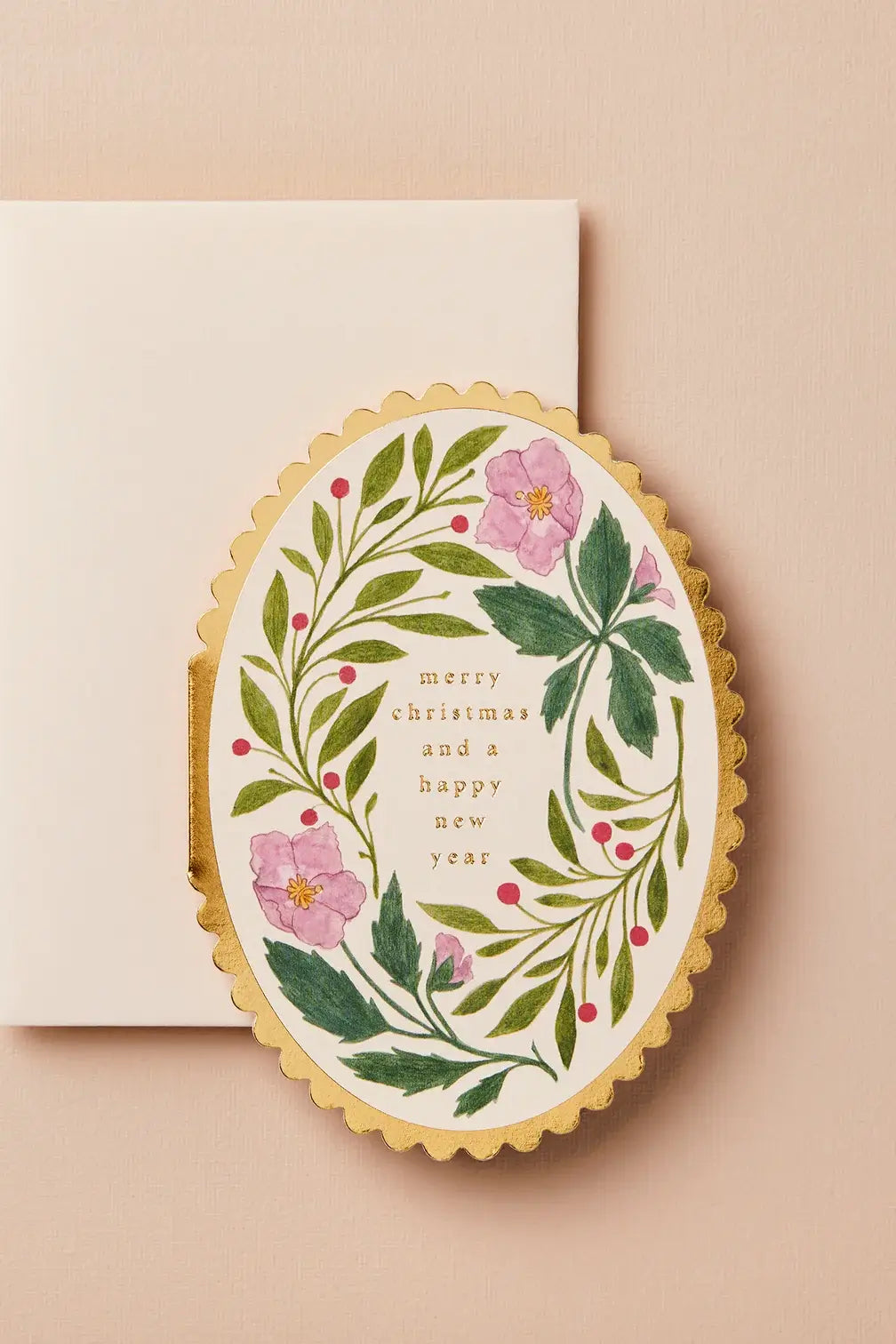 Oval floral merry christmas card - merry christmas & happy new year