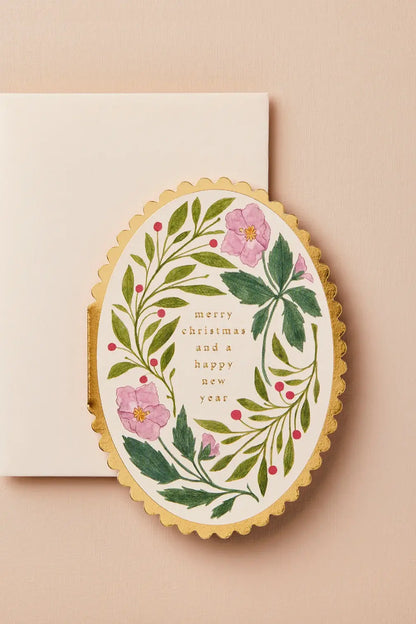 Oval floral merry christmas card - merry christmas & happy new year