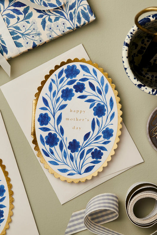 delft blue painted floral gold foil Happy Mother's Day card