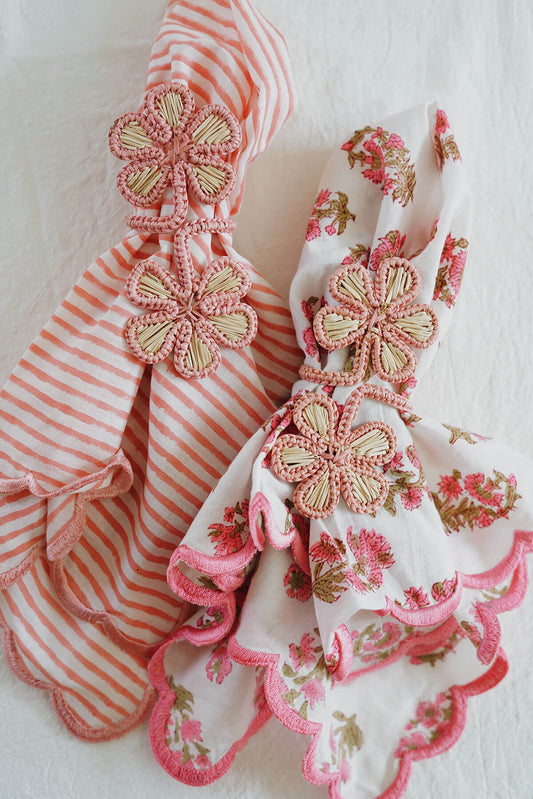 Pink floral woven napkin rings on block print napkins - shop wallflower artisan decor