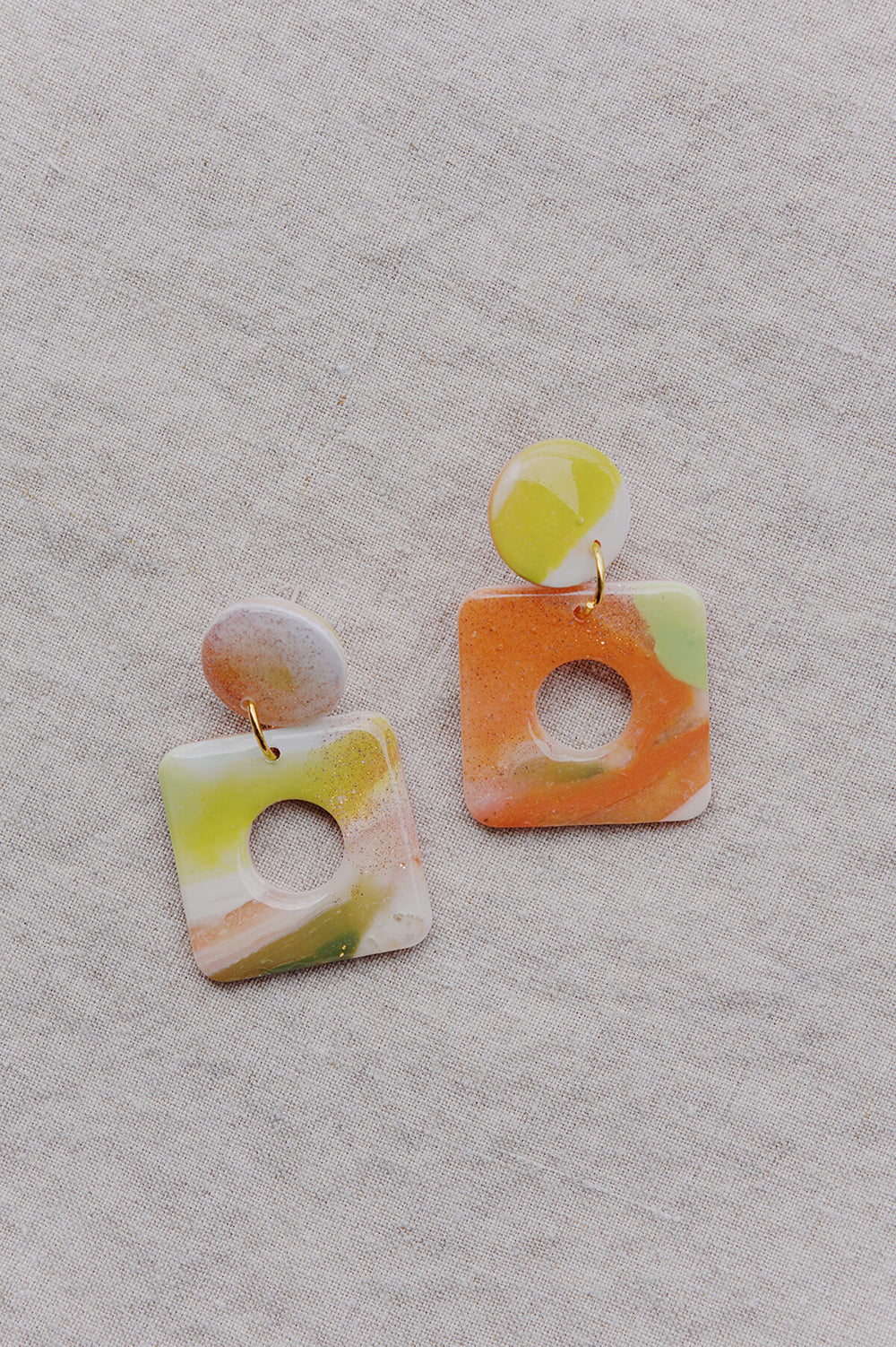 colorful modern cute earrings with orange and chartreuse