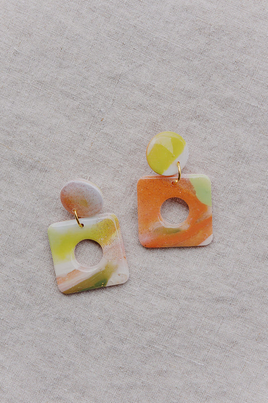colorful modern cute earrings with orange and chartreuse