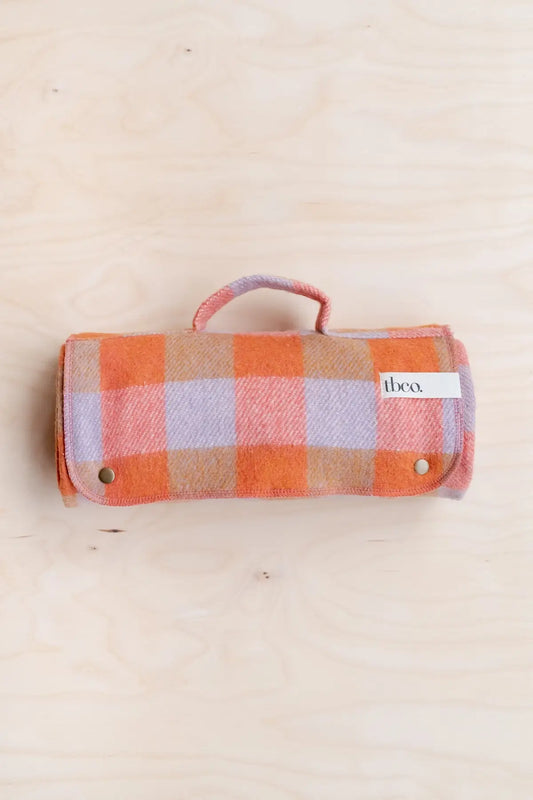 cute plaid picnic blanket with lilac and orange