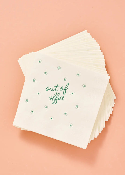 out of office fun cocktail napkins with green lettering