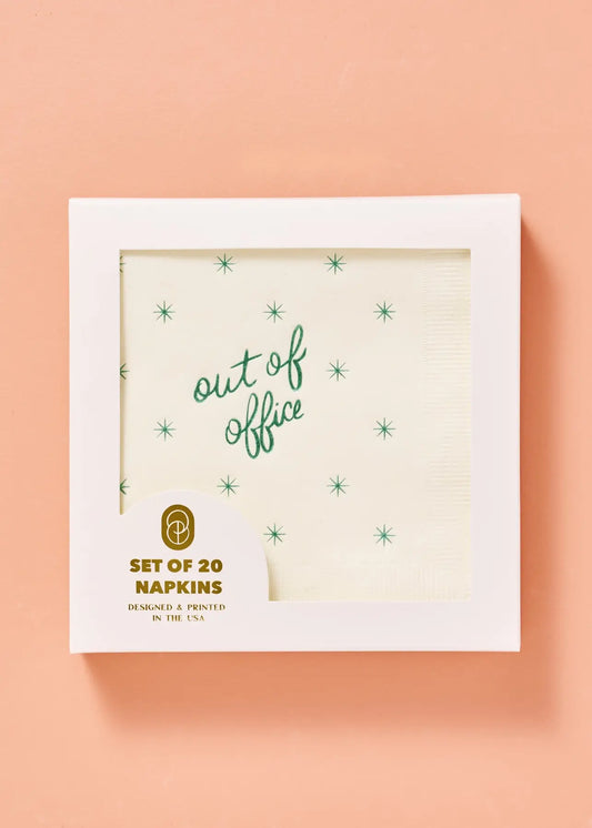 out of office fun cocktail napkins with green lettering