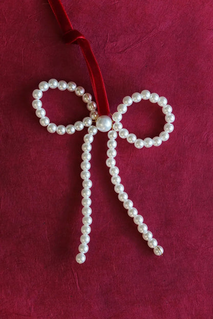 handmade pearl bow ornaments with red velvet ribbon - by wallflower shop