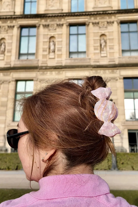 person wearing pink candy claw clip in thick hair ✿ shop cute claw clips on wallflower