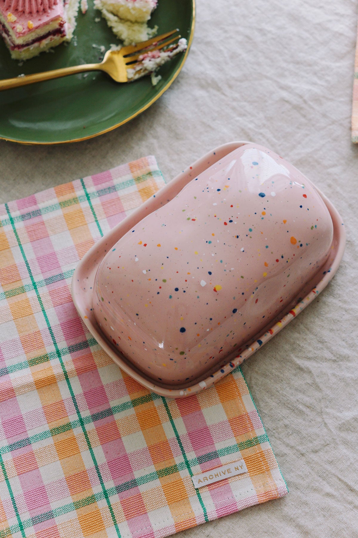 handpainted pink ceramic butter dish from wallflower shop