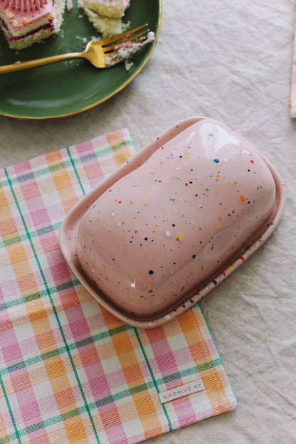 handpainted pink ceramic butter dish from wallflower shop