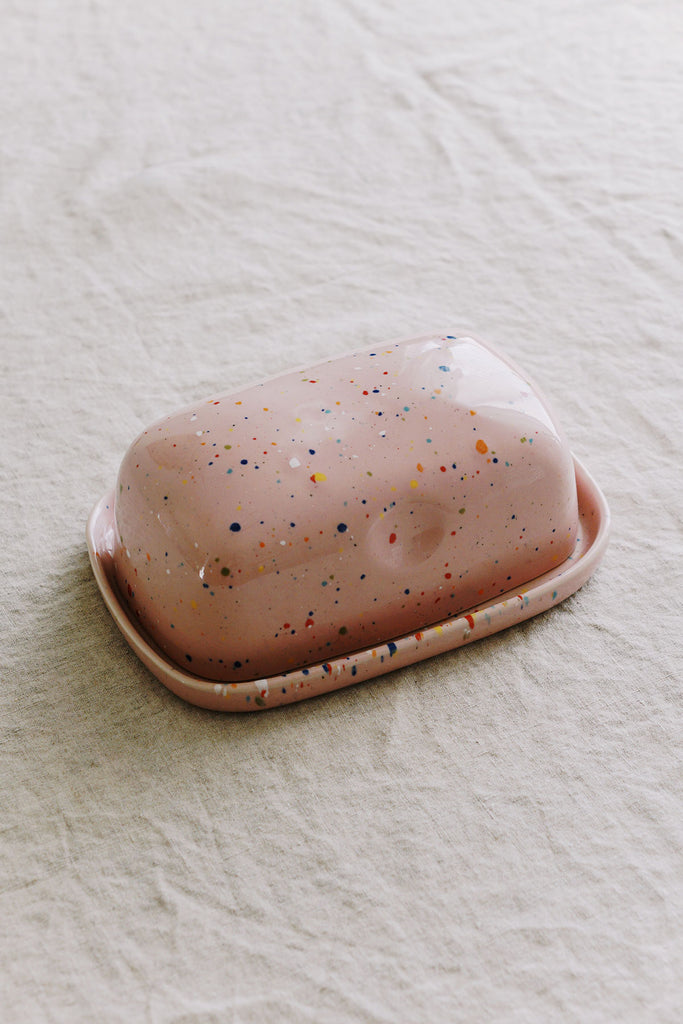 handpainted pink ceramic butter dish from wallflower shop