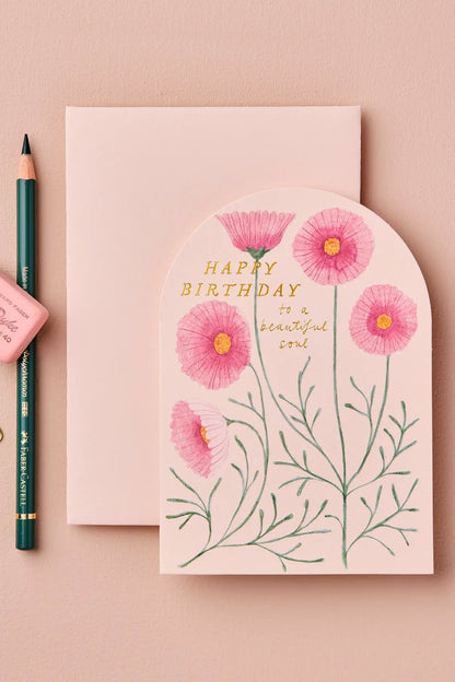 lovely pink floral birthday card 'happy birthday to a beautiful soul' by wanderlust - shop pretty cards on wallflower