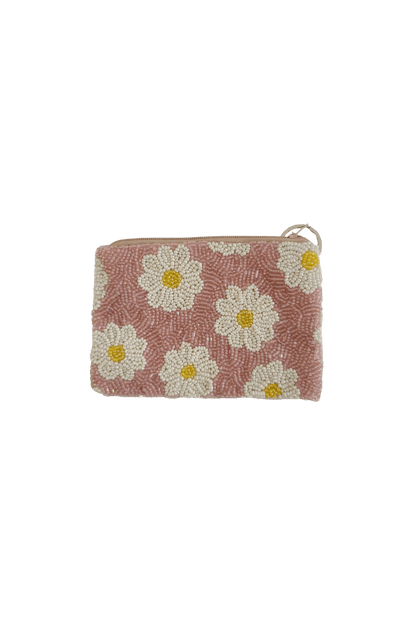 hand beaded pink daisy coin purse with zipper