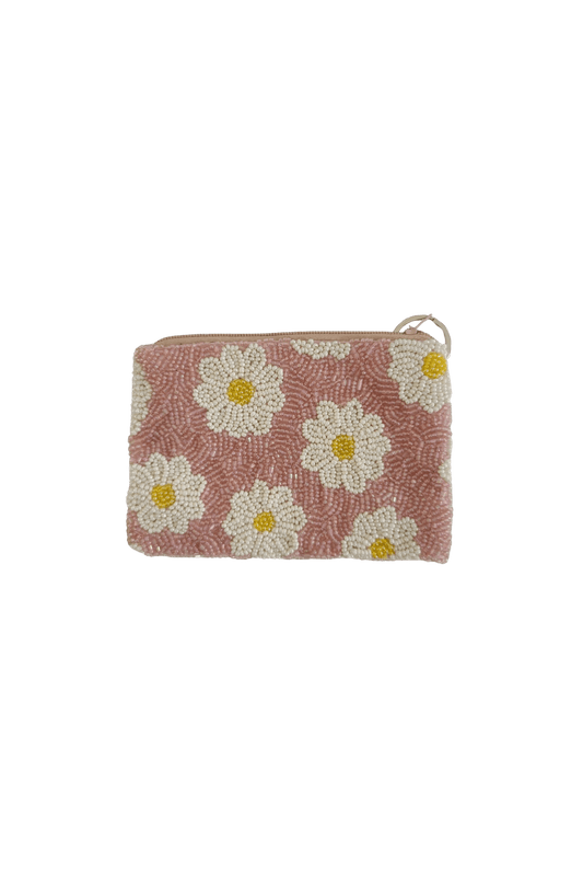 hand beaded pink daisy coin purse with zipper