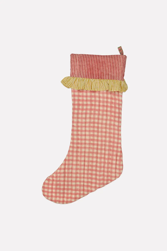 Pink gingham Christmas stocking with yellow ruffles and red stripes