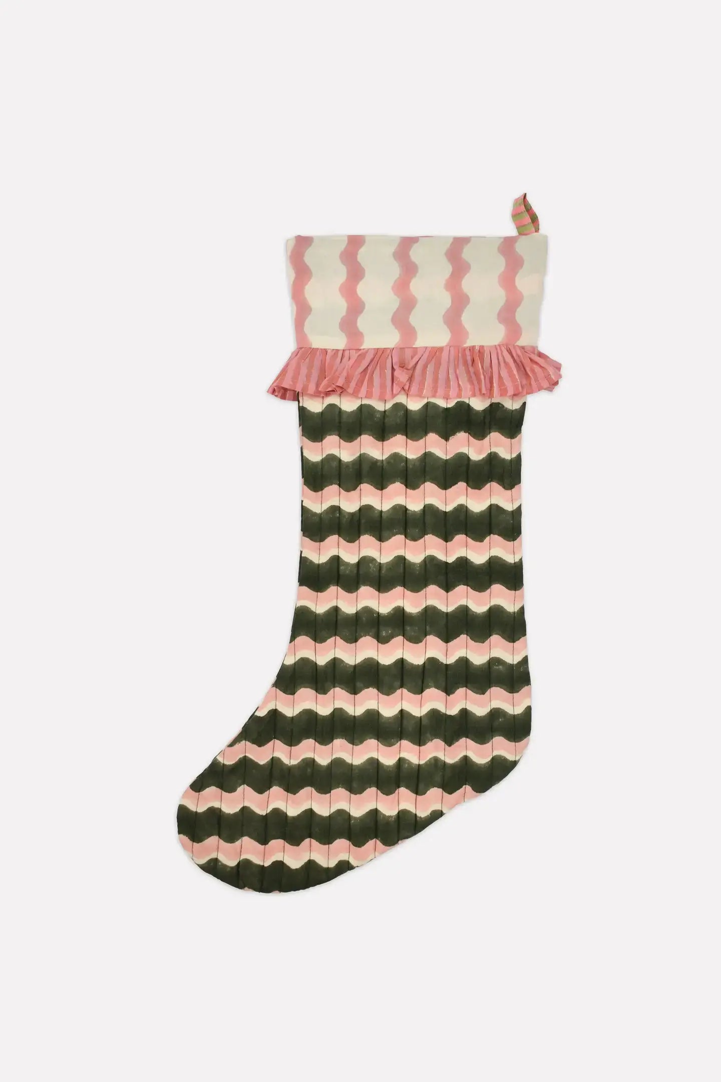 pink and green christmas stocking with wavy stripes handmade heirloom stockings