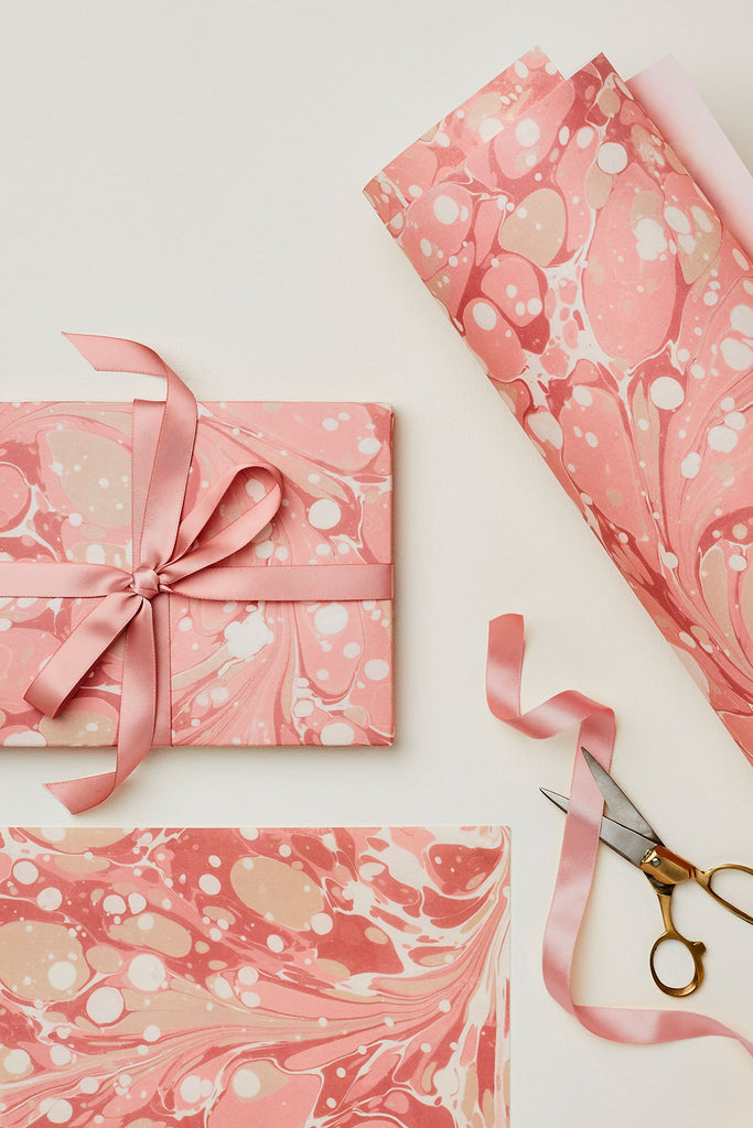 pink gift wrap in pink marble pattern by wallflower shop