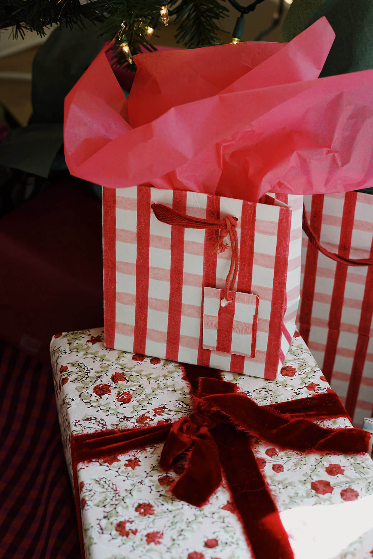 Small pink and red gingham holiday gift bag from wallflower - shop unique christmas gift wrapping