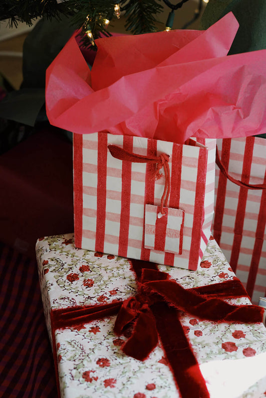 Small pink and red gingham holiday gift bag from wallflower - shop unique christmas gift wrapping