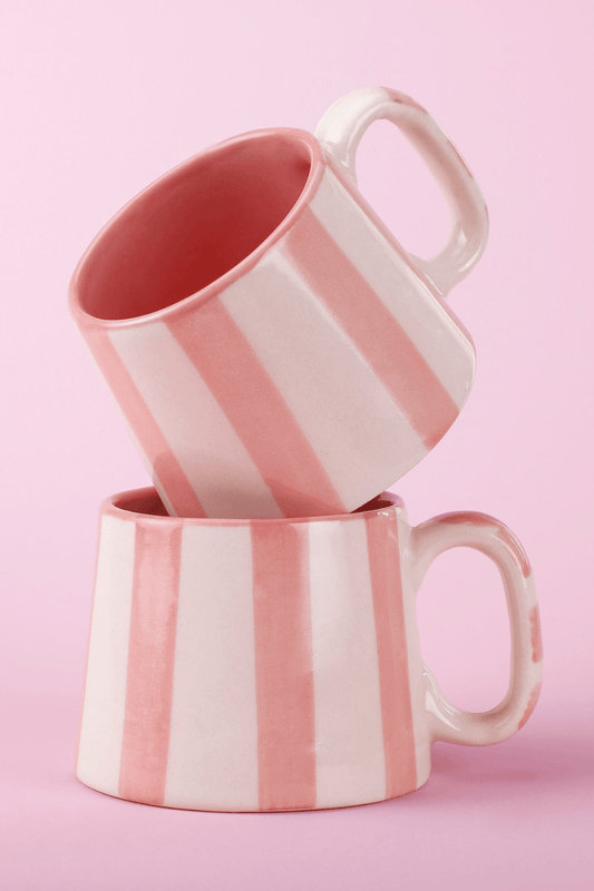 Handmade Pink Striped Ceramic Tea Cups / Coffee Mugs