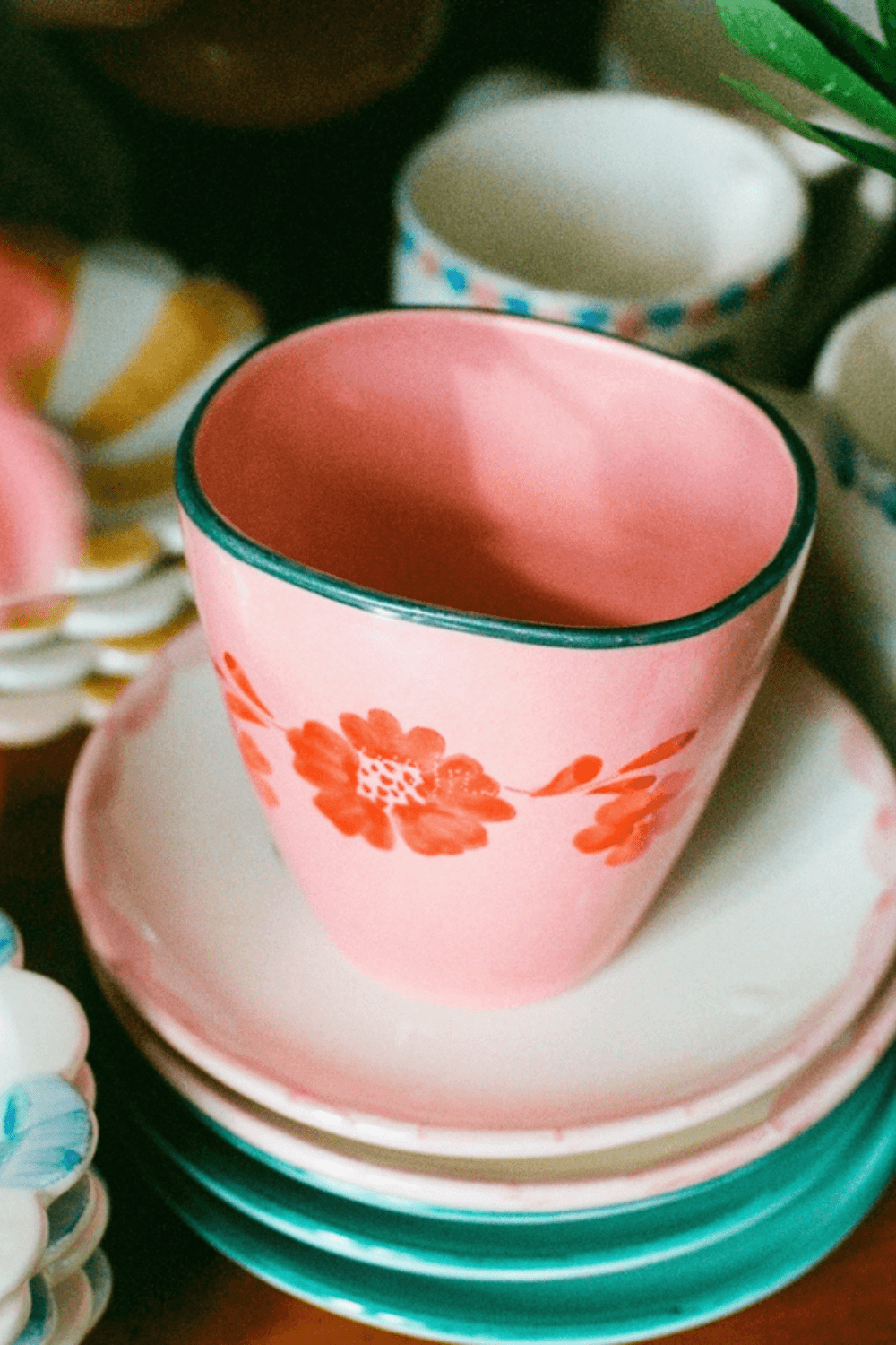 pink and floral handmade ceramic mug - shop handpainted cups from portugal on wallflower