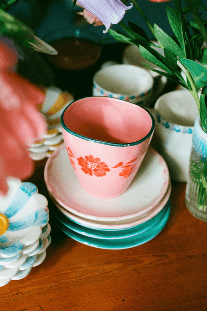 pink and floral handmade ceramic mug - shop handpainted cups from portugal on wallflower