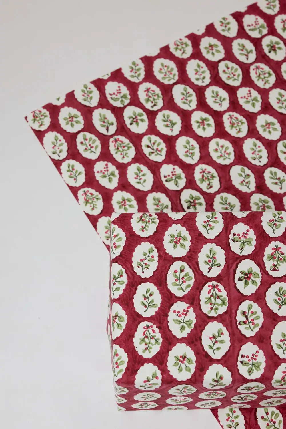 red + green handmade block printed christmas wrapping paper & present