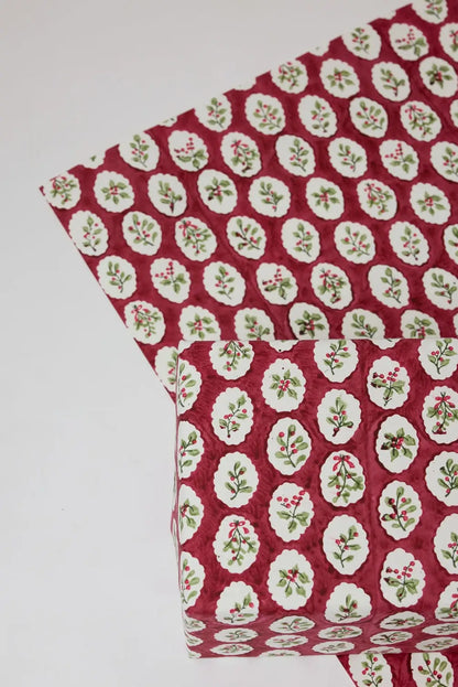red + green handmade block printed christmas wrapping paper & present