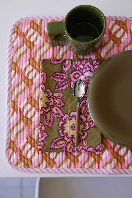 pink & green quilted placemats from wallflower shop - hand block print place mats