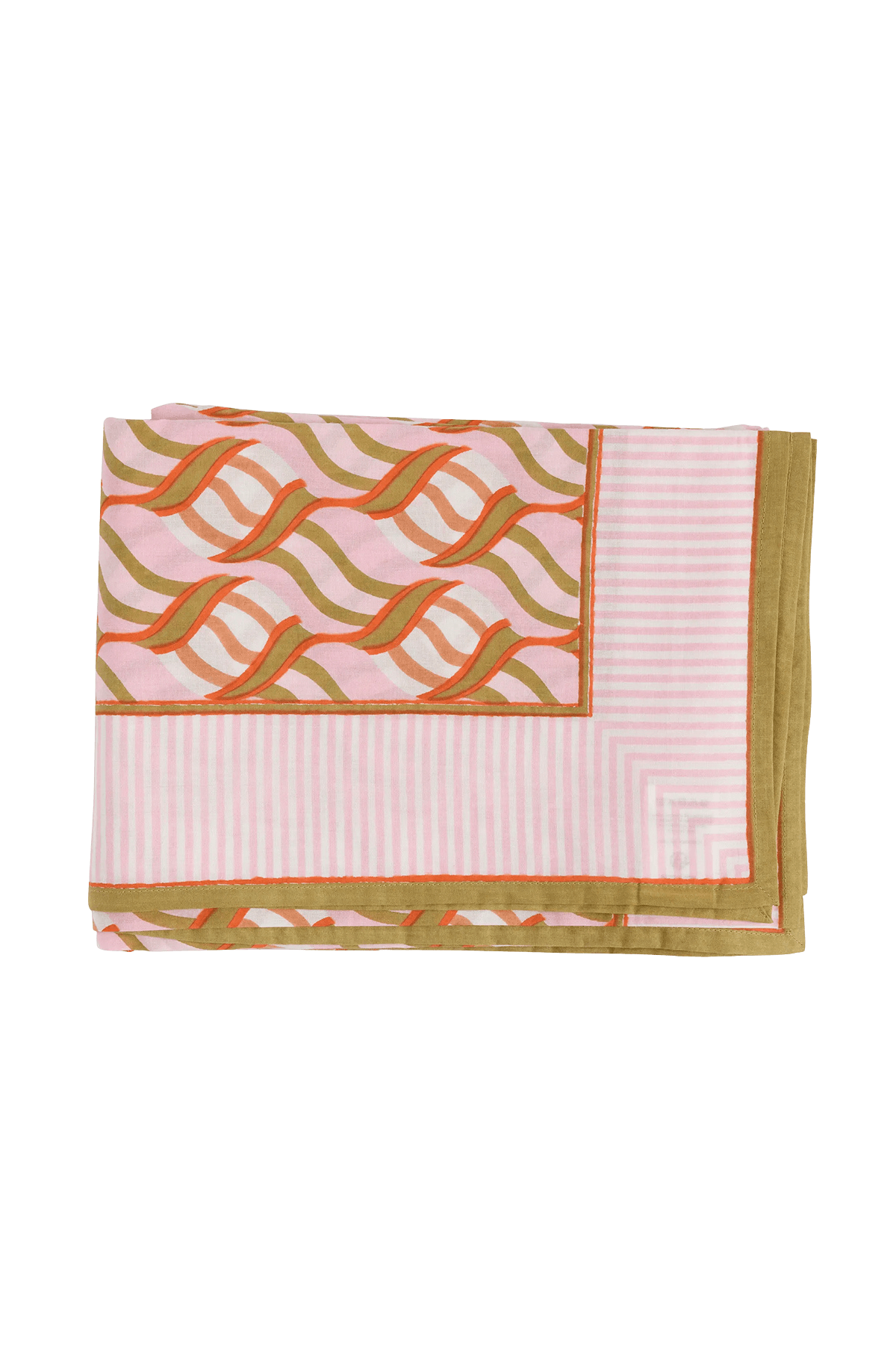 Large block print tablecloth in pink, orange, and green - shop handmade cotton tablecloths on wallflower