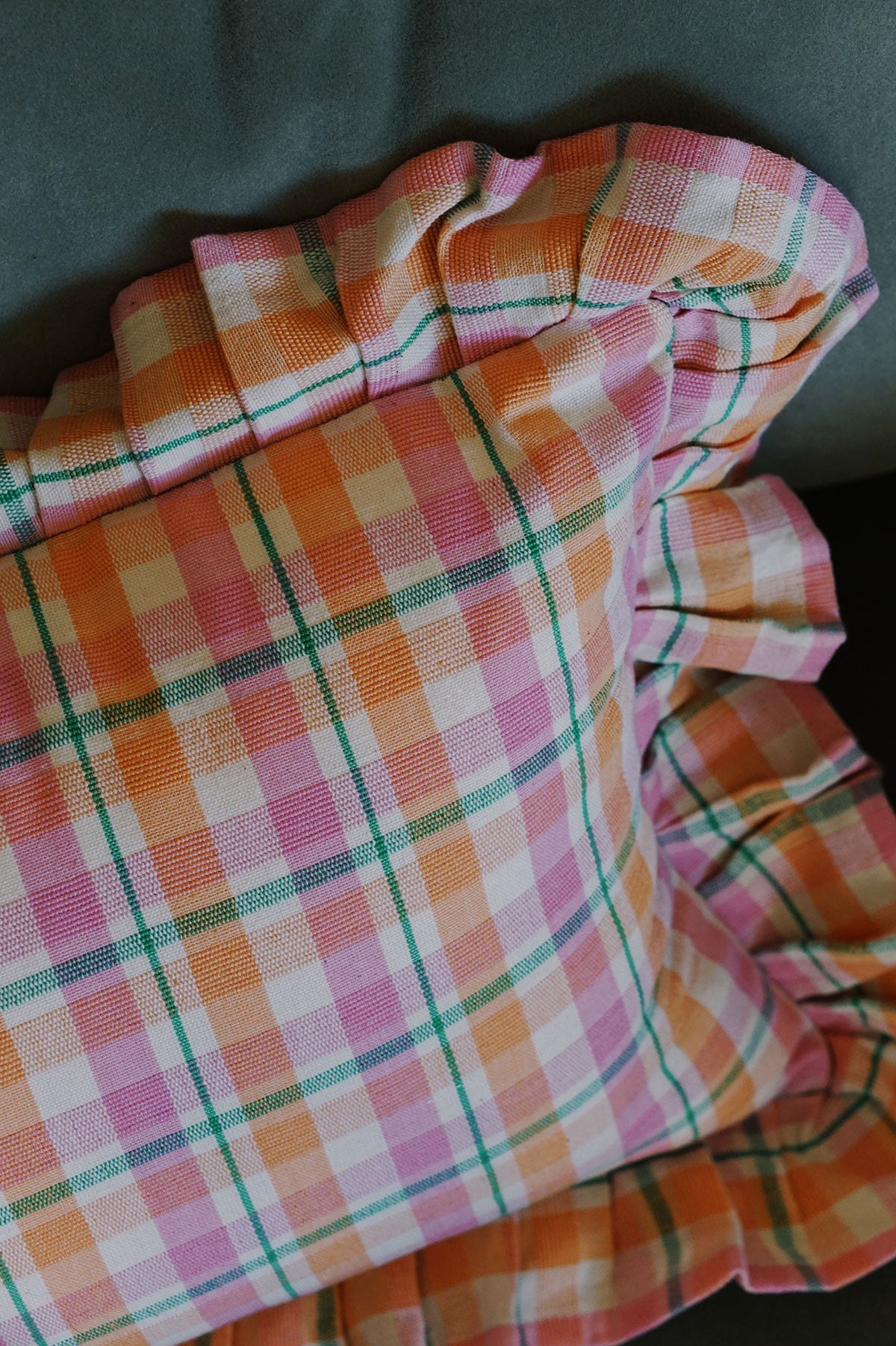 pink plaid ruffle pillow by archive new york
