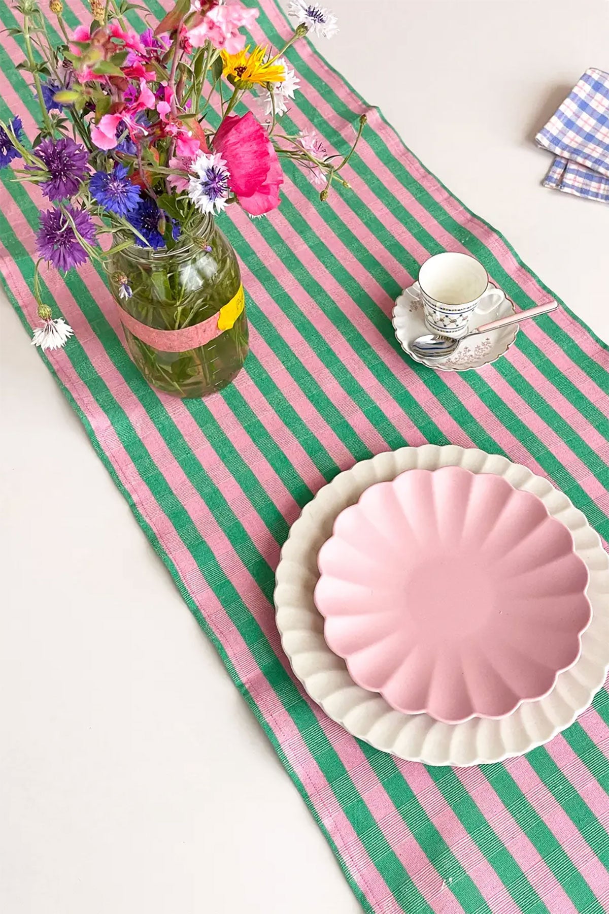 flora pink and green spring striped table runner with flowers by archive new york