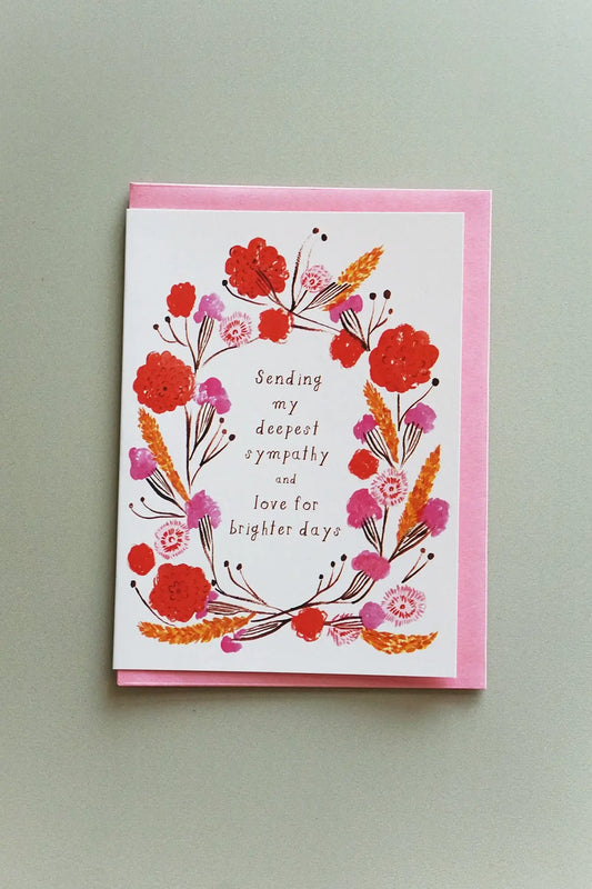 pink floral sympathy card that reads sending my deepest sympathy and love for brighter days | wallflower shop