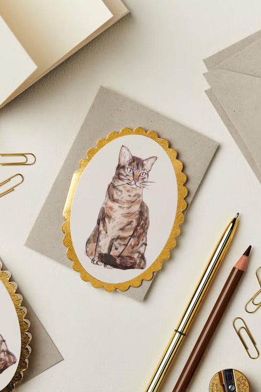tabby cat illustration mini card with gold foil by wanderlust paper co