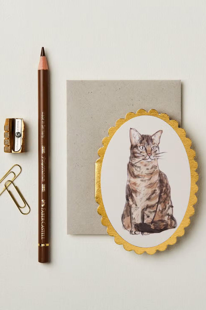 tabby cat illustration mini card with gold foil by wanderlust paper co