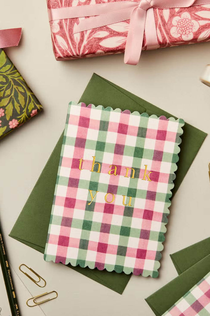 blank thank you card with green and pink gingham pattern by wanderlust paper co