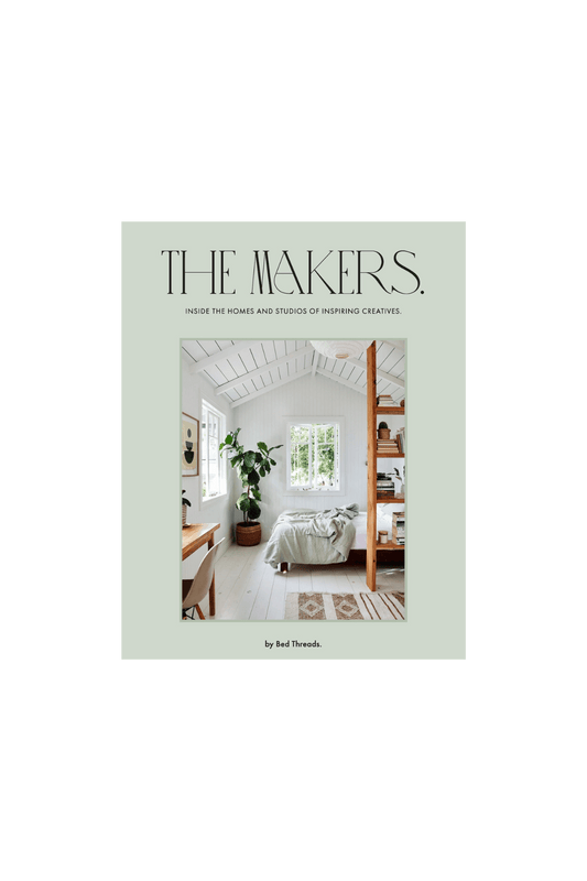 Design book cover of 'The Makers' with a room interior on a light green background