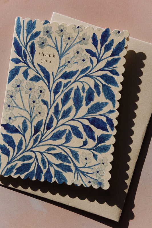 watercolor painted blue floral thank you card with scalloped edge, blank inside, by wanderlust paper co
