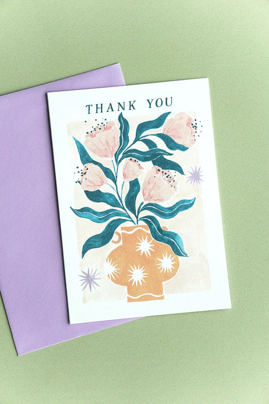 thank you blank card with flowers in vase illustration