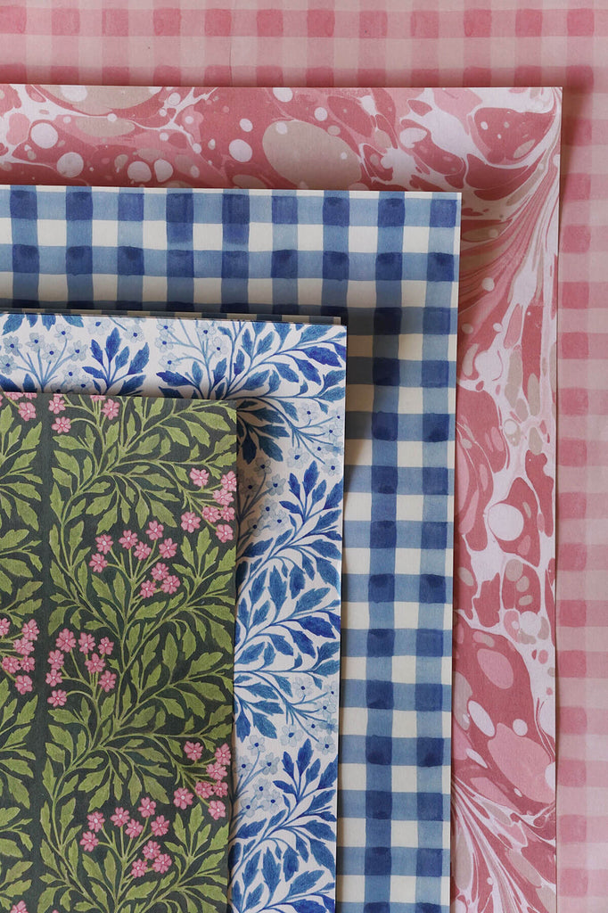 pink, blue and green handmade gift wrap sheets via wallflower shop