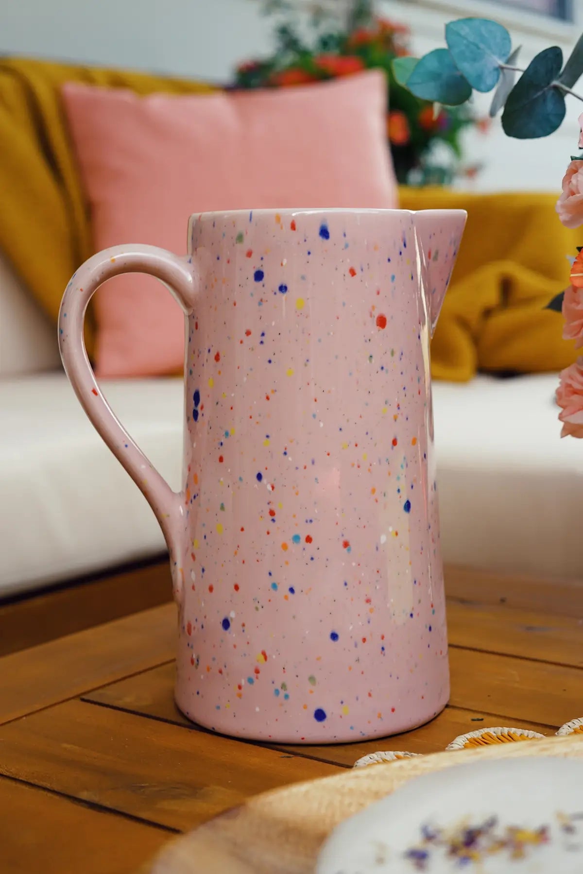 handmade confetti pink ceramic pitcher from wallflower shop - shop summer entertaining