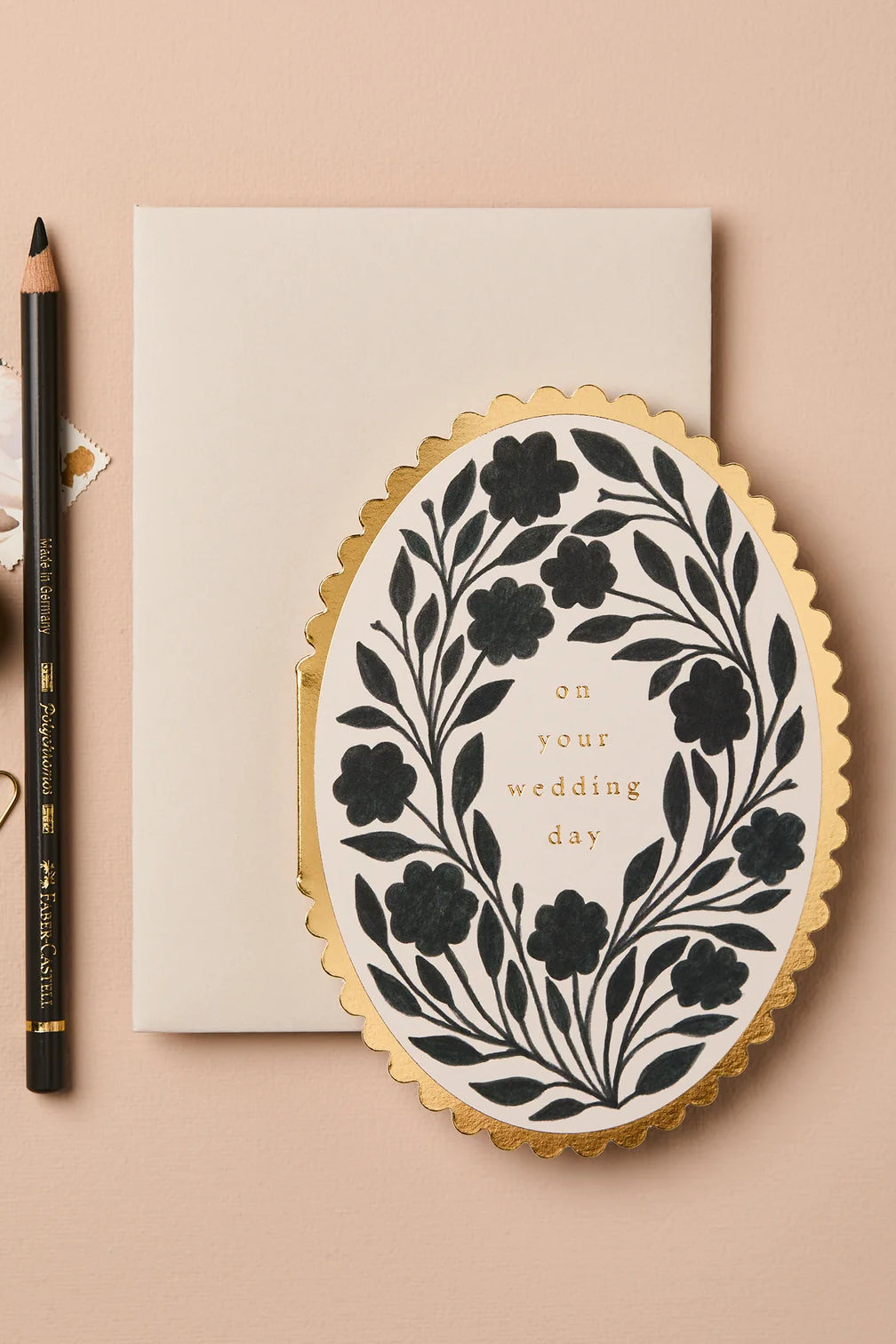 black and gold on your wedding day congratulations card with floral design