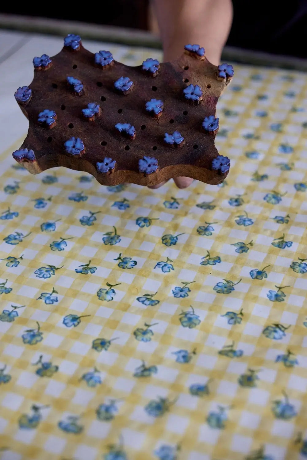 block printing process for Gingham floral blank greeting card - cotton handmade recycled paper - shop pretty cards on wallflower