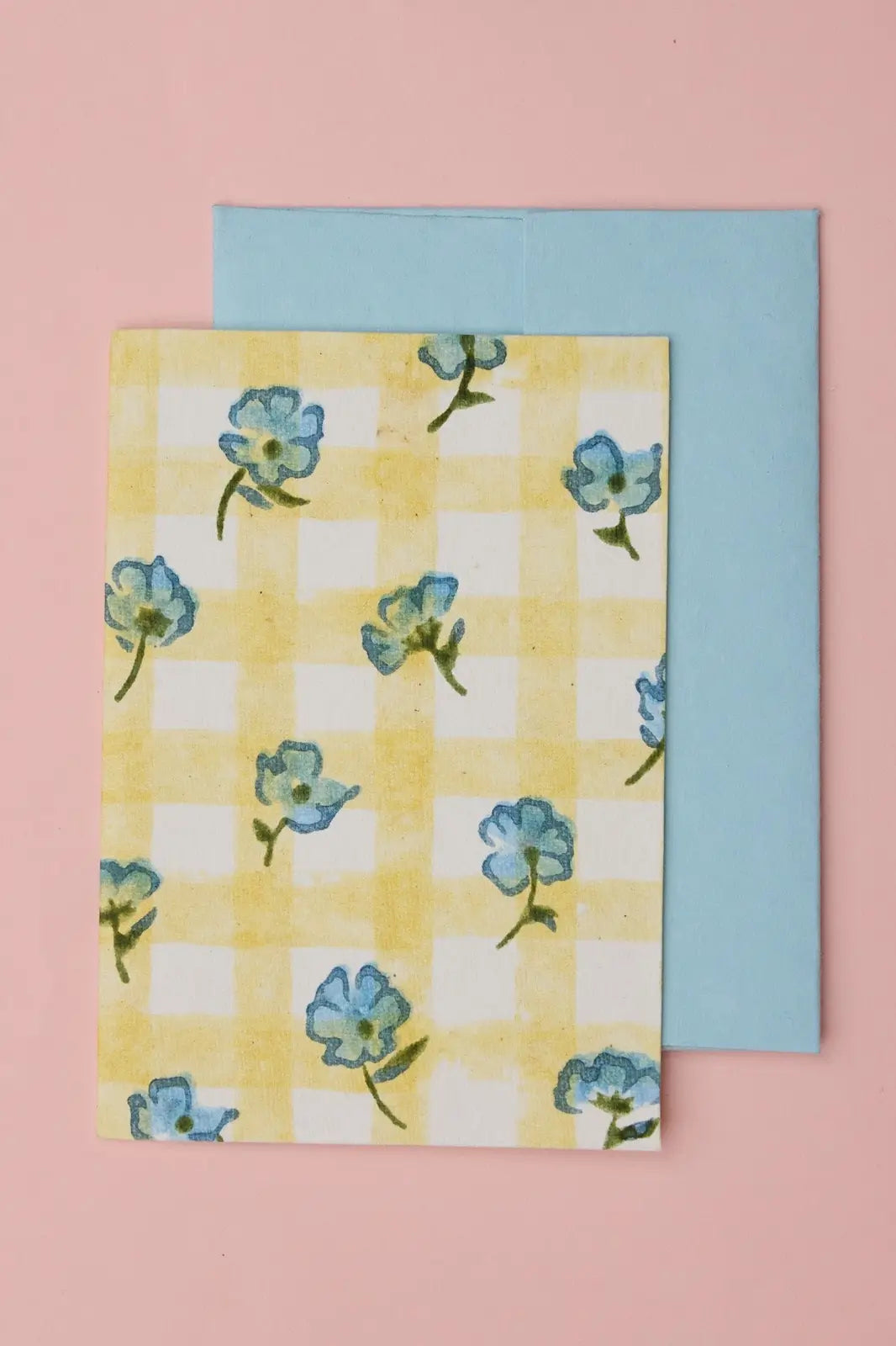 Gingham floral blank greeting card - cotton handmade recycled paper - shop pretty cards on wallflower