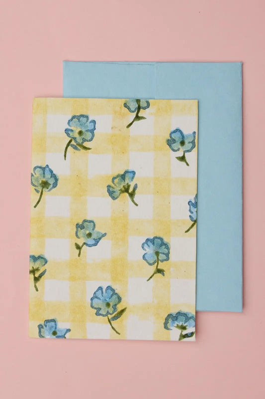 Gingham floral blank greeting card - cotton handmade recycled paper - shop pretty cards on wallflower
