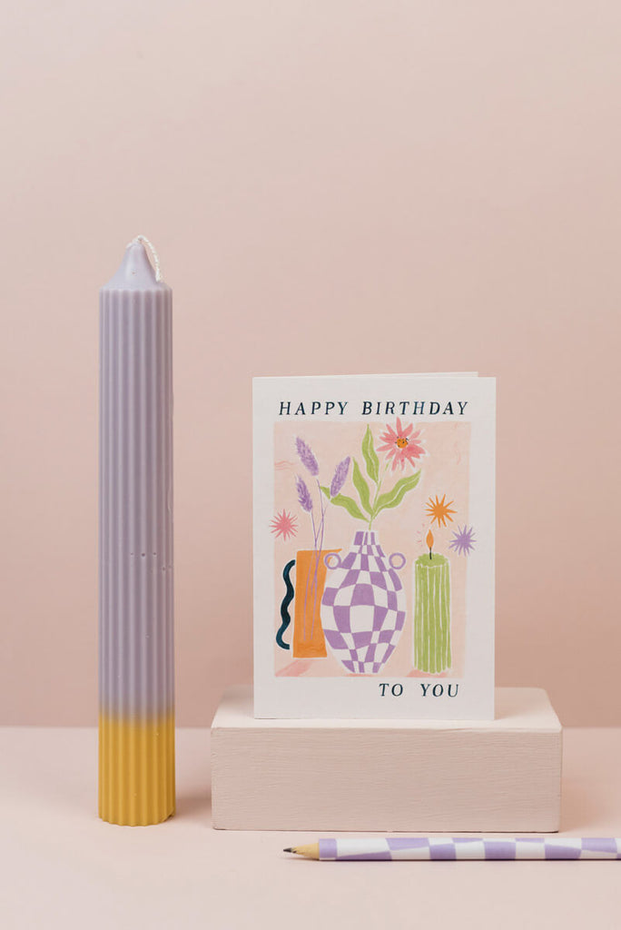 happy birthday vase still life birthday card