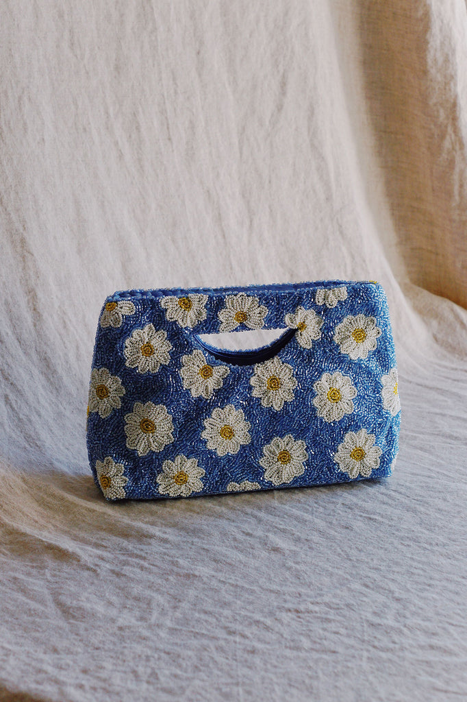 periwinkle beaded clutch with flowers