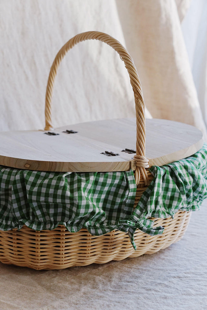 spring picnic basket with green gingham
