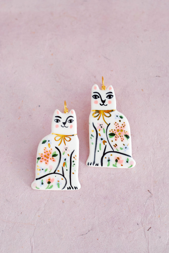 Floral Ceramic Cat Earrings